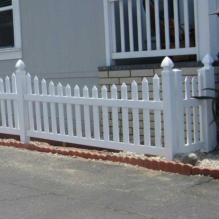 Ellington picket fence white with gate near building