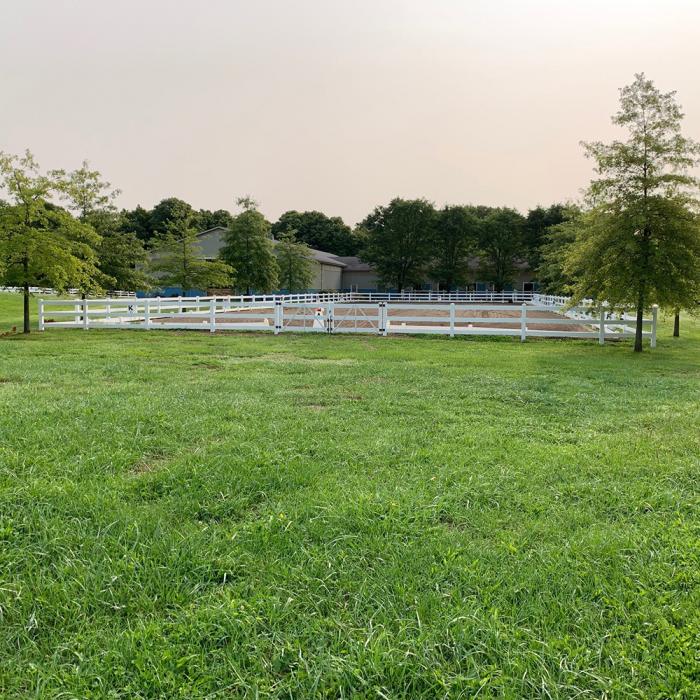 3Rail Horse Fencing in Distance Across Green Field