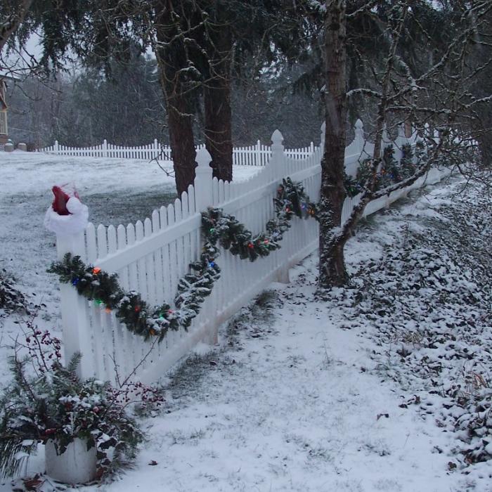 White Ellington picket fence in the snow