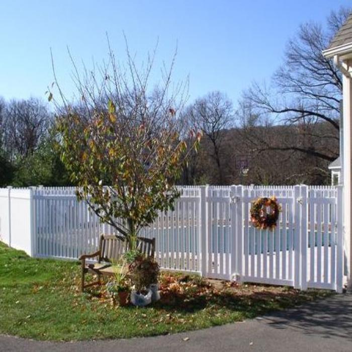 provincetown white straight top picket fence with dog ear caps around pool