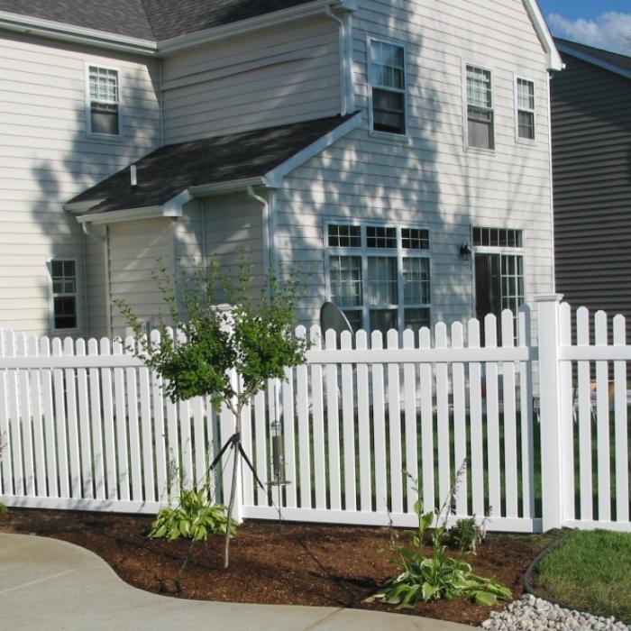 richmond picket fencing with scalloped pickets separating a yard