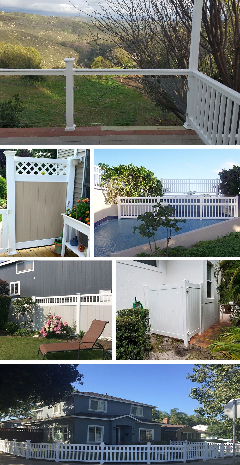 Photo collage featuring the various uses of Weatherables Vinyl and Aluminum Fencing and Railing