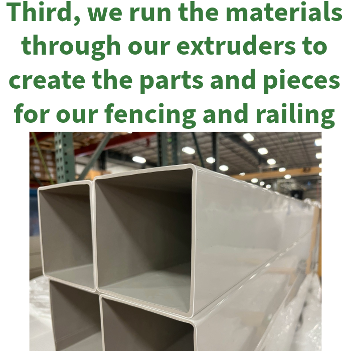 Third, we run the materials through our extruders to create the parts and pieces for our fencing and railing.